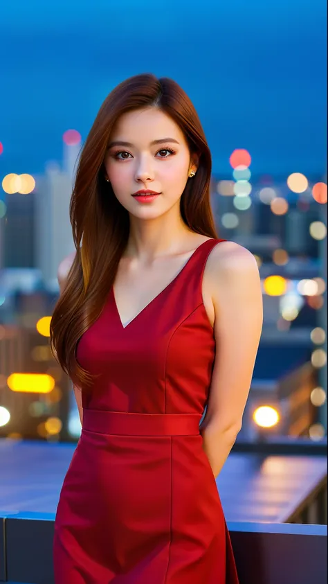 (skindent:1.2), (realistic:1.1), top quality, photorealistic, bokeh, city lights, 1 girl, portrait, wearing a red dress, evening...