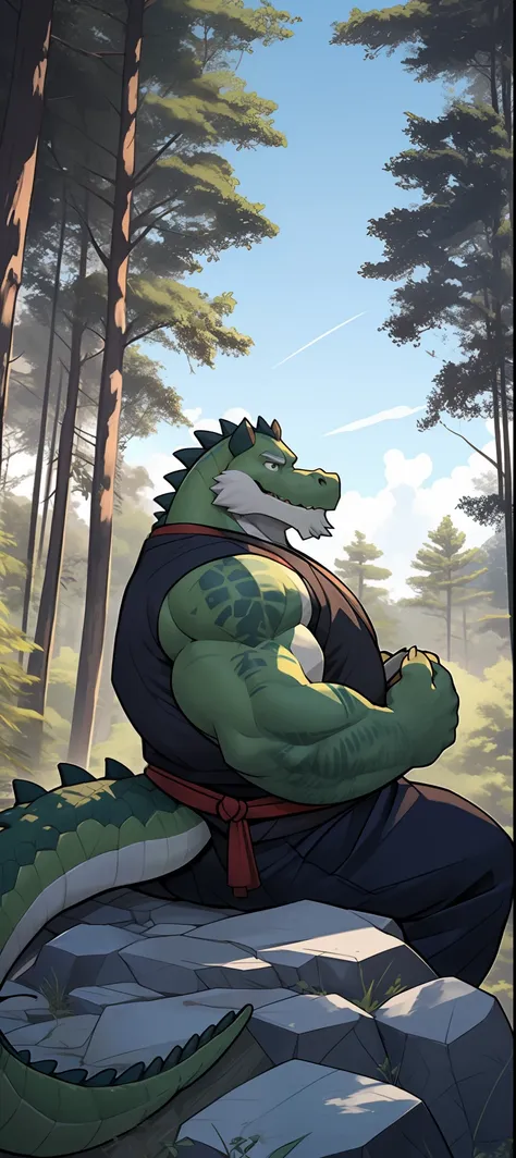 anthro, male, old chubby alligator, green alligator, (detailed eyes), detailed clothing, big fat. overweight, white beard, samur...