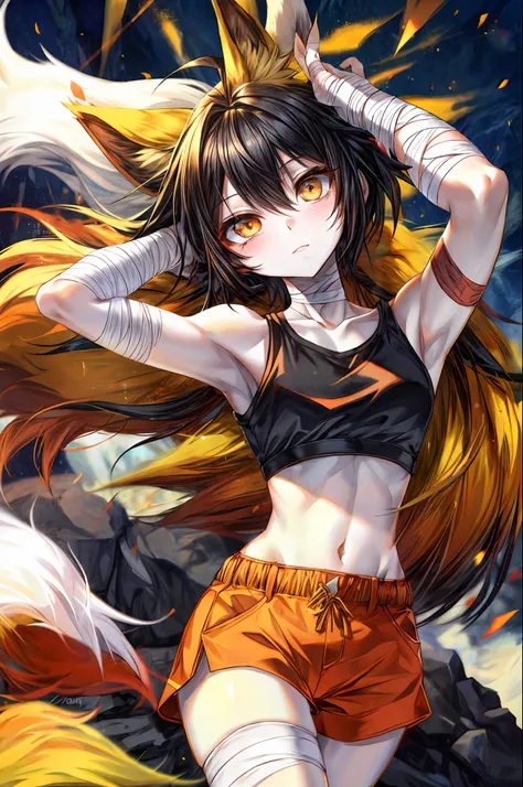 1girl, bandages, midriff, gold eyes, pale skin, super saiyan, black hair, head tilt, wide-eyed, fox ears, fox tail