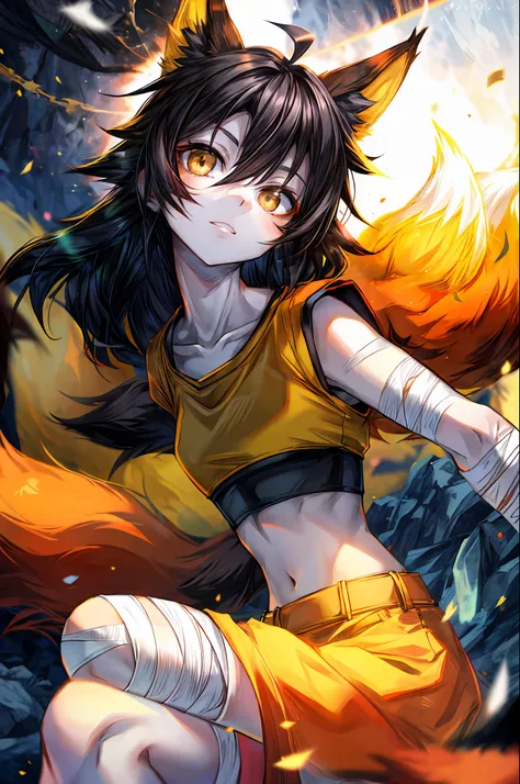 1girl, bandages, midriff, gold eyes, pale skin, super saiyan, black hair, head tilt, wide-eyed, fox ears, fox tail