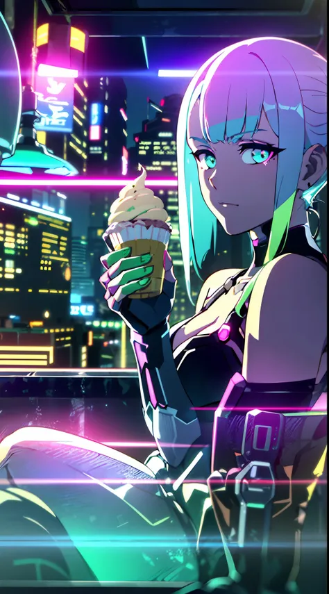 (masterpiece, detailed, high resolution:1.4), cyberpunk, cyberpunk 2077, cyberpunk night city neon background, café, ice cream, ...