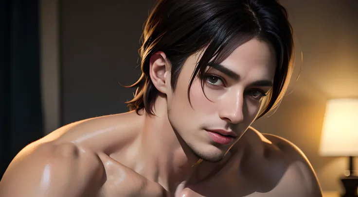 handsome muscular man who looks like Leon kennedy of Resident Evil, mischievous smile, (small details: 1 in 1), natural muscles, higher quality, beautiful eye, (Detailed face and eyes), (face、: 1 of 2), noise, real pictures、... ...PSD, Sharp Focus, High Re...
