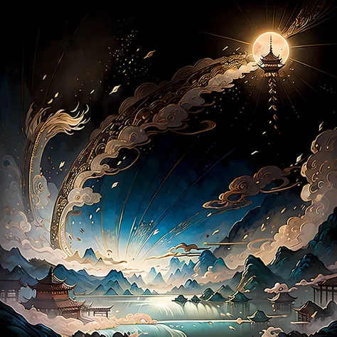 An ancient Chinese painting, ancient Chinese background, mountains, rivers, auspicious clouds, pavilions, sunshine, masterpieces, super detail, epic composition, ultra HD, high quality, extremely detailed, official art, unified 8k wallpaper, Super detail, ...