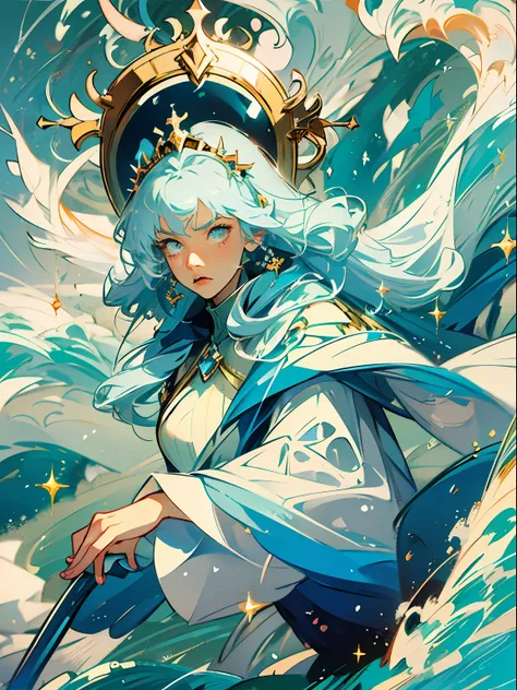 1girl, fringe, blue eyes, exiting water, wearing a blue transparent robe, holding a blue staff, strong wind and water around her, waves flowing around the woman, wet body, at the beach, clear water, at night, aurora boreal, light blue hair, twin drills, sh...