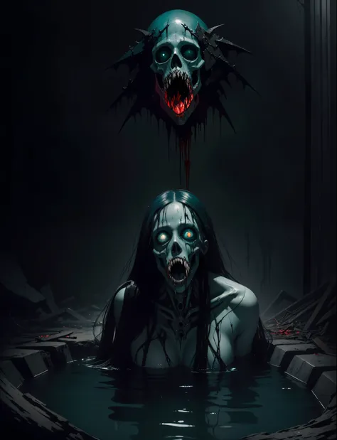 portrait of the most beautiful form of chaos, elegant, a brutalist designed, vivid colours, romanticism, by apterus, (apterus creepy anatomy:1.3), ((ahegao)), rolling_eyes, ((head down)), an evil mermaid siren,Gray-green skin, black straight hair bathing i...