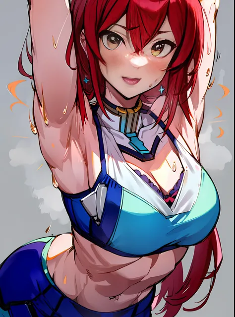 Master piece with red hair and blue bra top, anime girl posing towards camera, chic, asuka suit under clothes!, seductive anime girl, [4k digital art]!, biomechanical, high resolution commission, strongest pose, sweaty, muscular!, pose (arms up + happy), h...