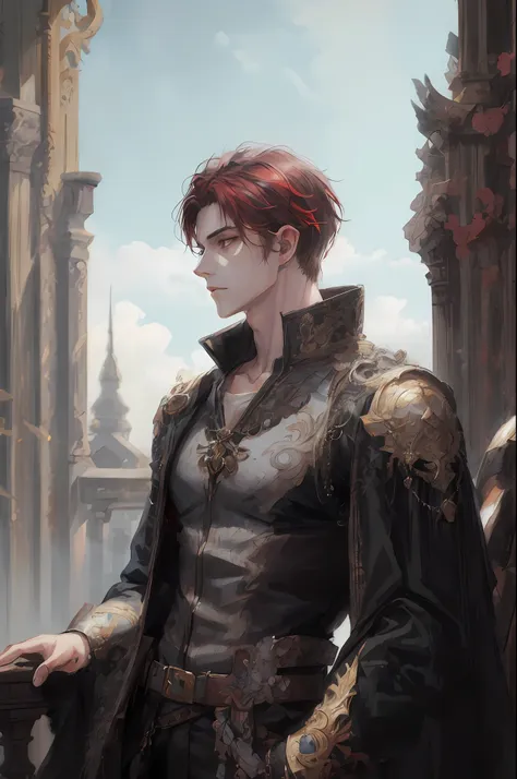 there is a man with a red hair and a black jacket, beautiful androgynous prince, delicate androgynous prince, artwork in the sty...