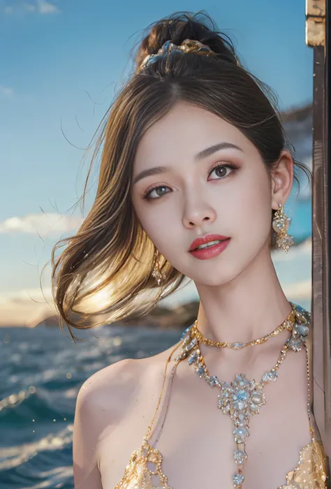 (Masterpiece, Top Quality, Best Quality, Official Art, Beauty and Aesthetics: 1.2), ((1girl fly in the sky)))), ((Windy), (Jump), White Clouds, Blue Sky, Supreme Detail, (Shiny Skin), (Earrings), At the Seaside, (Very Thin Waist: 1.3), (Masterpiece: 1.3), ...