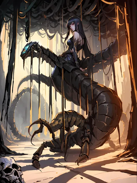 The Great Centipede (1.5) Anime scene of man riding a giant spider in the forest, lol, lamia, sinister fantasy illustrations, detailed digital 2D fantasy art, albedo of Overlord, epic fantasy art style, portrait of a scorpion goddess, style of dark fantasy...