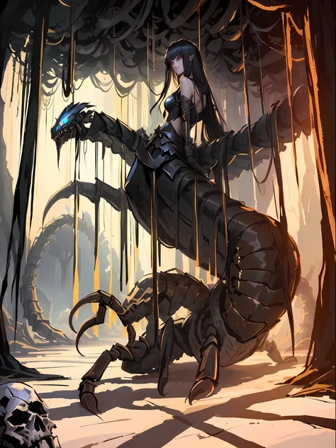 The Great Centipede (1.5) Anime scene of man riding a giant spider in the forest, lol, lamia, sinister fantasy illustrations, detailed digital 2D fantasy art, albedo of Overlord, epic fantasy art style, portrait of a scorpion goddess, style of dark fantasy...