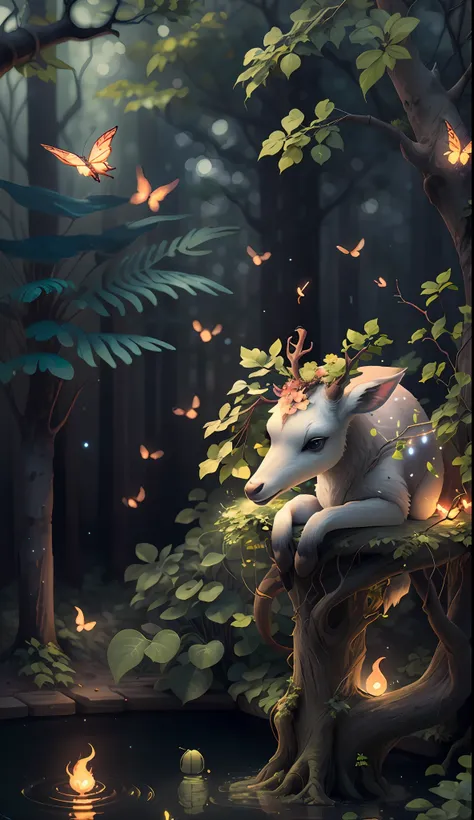 Masterpiece, best quality, (very detailed CG unity 8k wallpaper), (best quality), (best illustration), (best shadows), glow sprite, with a glowing deer, in the swimming pool Drinking water, natural elements in the forest theme. Mysterious forest, beautiful...