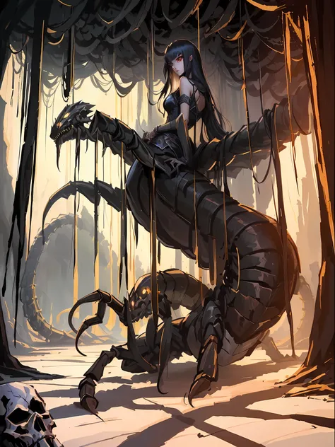 The Great Centipede (1.5) Anime scene of man riding a giant spider in the forest, lol, lamia, sinister fantasy illustrations, detailed digital 2D fantasy art, albedo of Overlord, epic fantasy art style, portrait of a scorpion goddess, style of dark fantasy...