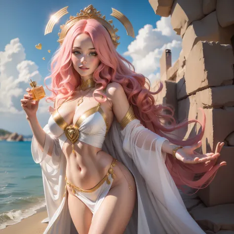 Goddess Aphrodite, pink hair, curly hair, chiton clothing, long white clothing, gold details, perfume, glorious pose, colorful hearts