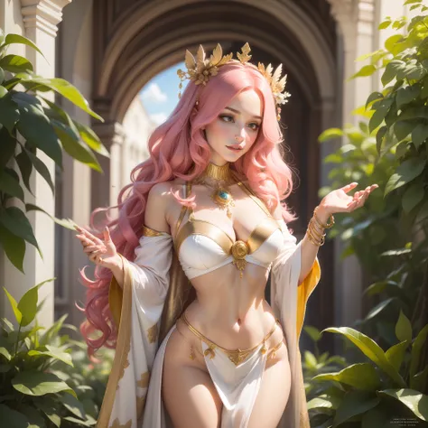 Goddess Aphrodite, pink hair, curly hair, chiton clothes, long white clothes, gold details, perfume, glorious pose, colorful hearts