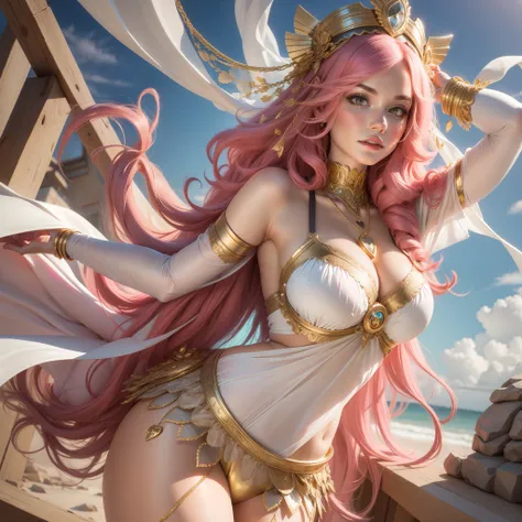 Goddess Aphrodite, pink hair, curly hair, chiton outfit, long white clothing, gold details, glorious pose, colorful hearts