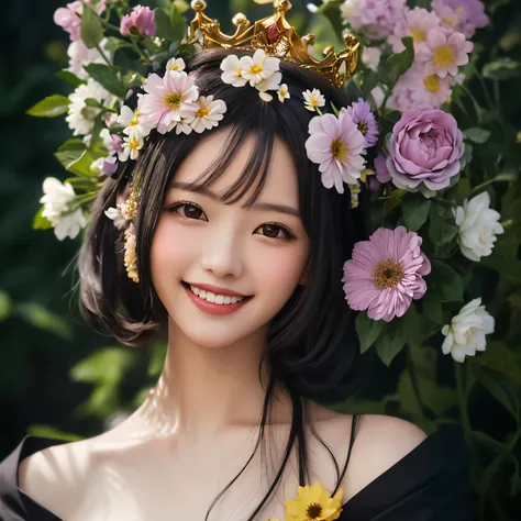 Beautiful woman with flowers and a crown of flowers in her hair, (smiling as much as possible:1.5), hair flyer, (black hair: 1.5), (black eyes: 1.5), (Japan people: 1.0), flower storm portrait, flower woman, hair flower, hair flower, flower girl, flower go...