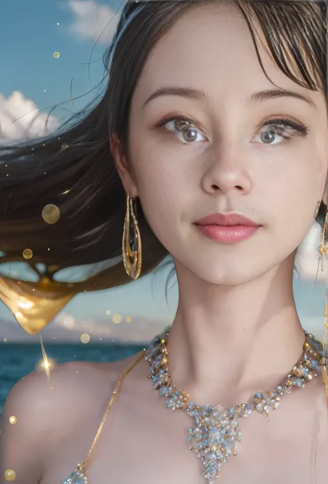 (Masterpiece, top quality, best quality, official art, beauty and aesthetics: 1.2), ((1girl fly in the sky))), ((windy), (jump), white clouds, blue sky, highest detail, (shiny skin), (earrings), at the seaside, (waist of the golden ratio: 1.3), (Masterpiec...