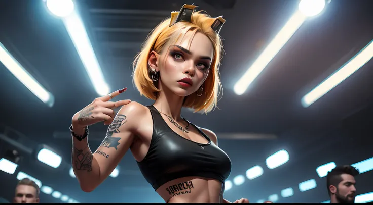 tank girl fully tattoed , tatoos every inch of her as she crop top exposed, in rave spotlighting crazy wild stares and looks