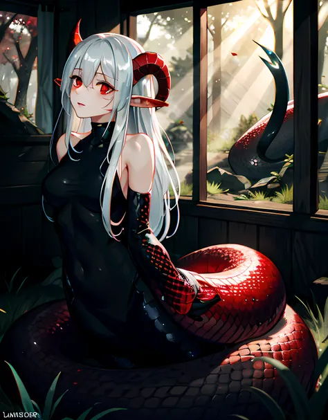 detailed snake skin, (adult ), solo focus, (lamia), stoic, monster girl, (short horns), beautiful eyes, beautiful background, ab...