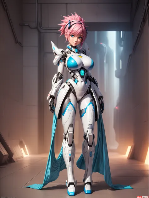 ((full body/standing):2) {((only 1 woman):1.2)}: ((wearing white mecha suit with blue parts, extremely tight on the body):1.5), ...