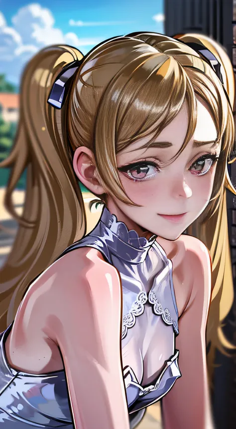 macro lens, uhd, retina, masterpiece, best quality, high definition, 1080p, 16k, solo, 30 years old woman, blond hair, twin tail, sexy, smile, attractive, (small:1.3) breasts, (see-through white leotard:1.2)