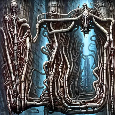 a biomechanical infernal portal, horror art, access to negative dimension, spiked walls, madness, uhd, unreal engine, sketch col...