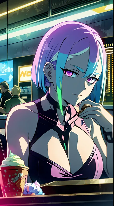(masterpiece, detailed, high resolution:1.4), cyberpunk, cyberpunk 2077, cyberpunk night city neon background, in a café, ice cream, watermelon, coffee, cupcake, metal cybernetic silver hand in the foreground in the frame, green-blue glitch effect around t...