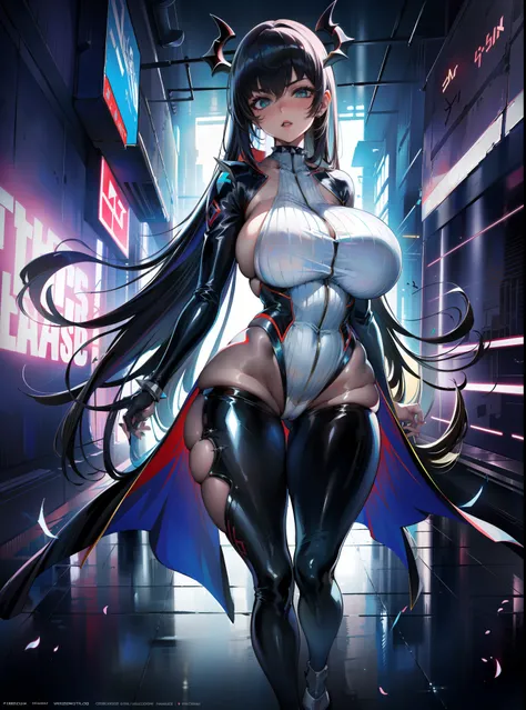 by josan gonzalez,masterpiece), (half body), tall young woman, ((woman focus)), tall mature milf, long black hair, neon blue horns, pale skin, scarlet eyes, moles, , sparks, particles,cyberpunk, cyborg, looking_at_viewer,, fortified suit,long black coat, b...
