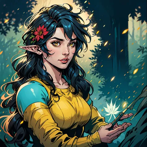 avatar art of 1elven girl, elf princess, hair accessory: wreath) (flowers in hair: 1.2) sporting of (medium messy black color ha...