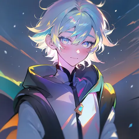 0.7>,anime boy,snow,(male),jacket,diamond,multicolored hair, multicolored eyes