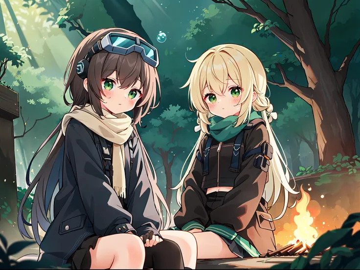A little girl, sunshine, forest, heavy scarf, punk jacket, bubble socks, (delicate face) (delicate hair), (dark brown double twisted braid), green eyes, robotic arms, dramatic light, dramatic shadows, ray tracing, expressionless face, mechanical goggles on...