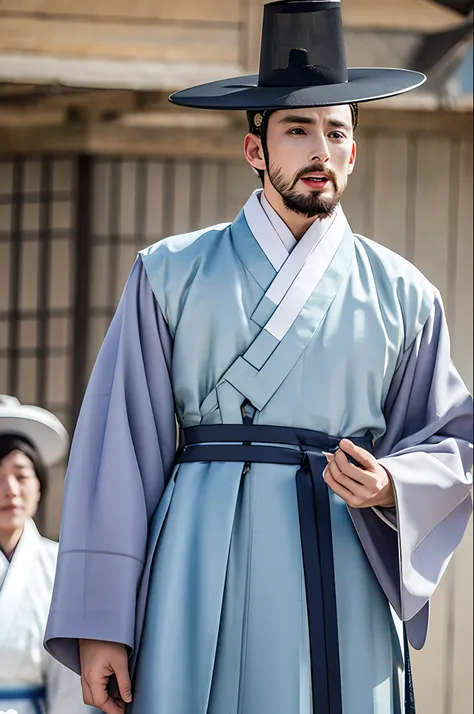 chris evans, attractive, hanbok, upper body, hat, korean, very long beard,realistic.hd