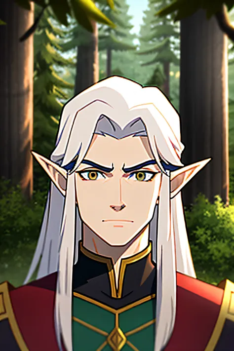 vox machina style, outdoors, woods, trees, solo, 1boy, male focus, white hair, very long hair, gray eyes, pointy ears, circlet, ...