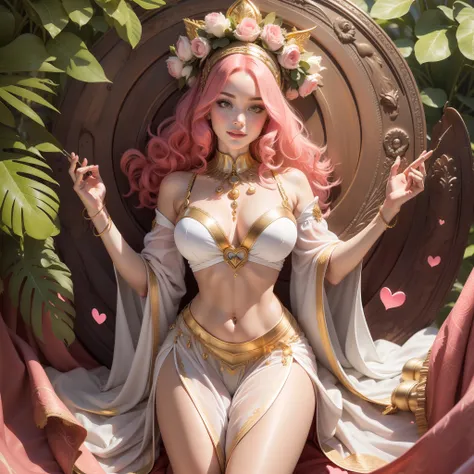 Goddess Aphrodite, pink hair, curly hair, chiton outfit, long white clothing, gold details, glorious pose, colorful hearts