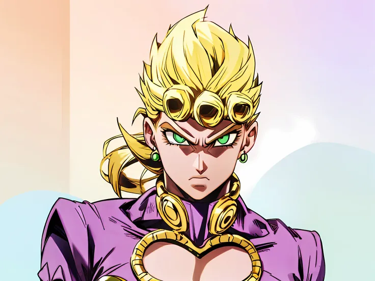 giorno giovanna, gold hair, purple suit, blue earrings, light green eyes, serious face, super saiyan, hd, highres