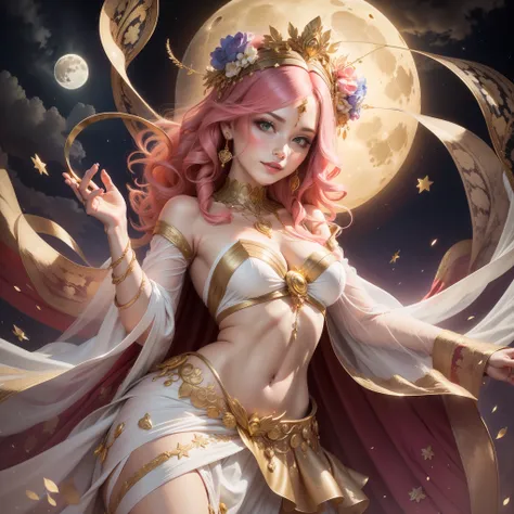 Goddess Aphrodite, pink hair, curly hair, chiton clothes, long white clothes, gold details, glorious pose, colorful hearts, night, moon, stars, bright, illuminated