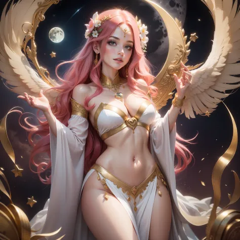 Goddess Aphrodite, pink hair, curly hair, chiton clothes, long white clothes, gold details, glorious pose, colorful hearts, night, moon, stars, bright, illuminated