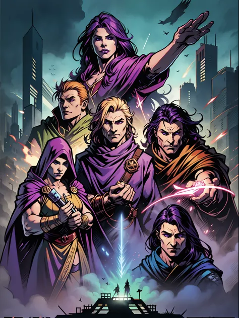 Barbarian group, D&D CHARACTERS, RPG, purple cloaked druid wizard, volumetric lighting, cover poster, official cover, RPG campaign,