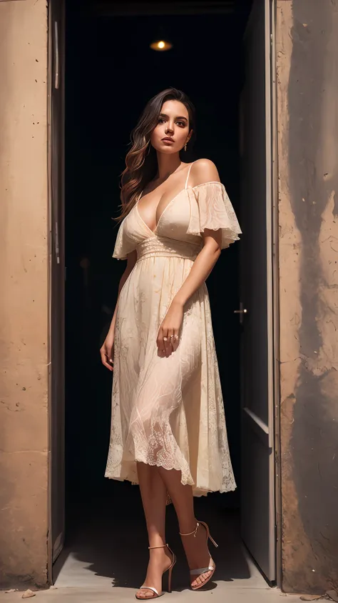 Masterpiece, full body, aerial view, a beautiful italian girl, dress with neckline, big breasts, standing, in a luxurious room, day, very detailed lighting, dramatic, digital art trend in Artstation 8k HD high definition detailed realistic, detailed, skin ...