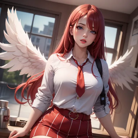 beautiful red-haired woman with long, straight hair falling under her shoulder, wearing high school clothes, blouse with red tie...