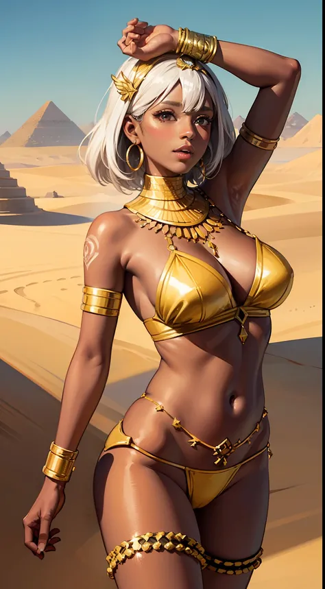 ((masterpiece)), (((best quality))), ((ultra-detailed)), ((illustration)), dynamic angle,desert,gold earrings,hair ornament,stomach tattoo,dark skin,shiny skin,Happy,white hair,Jumping,1girl,dancer,egyptian,