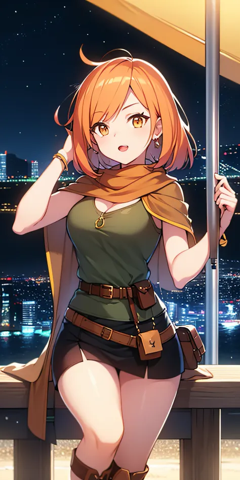 orange eyes light,richly faded light orange hair, anime 1girl, no skirt, brown military boots, pouch on the waist belt, khaki bi...