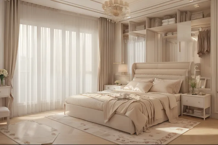 masterpiece, high quality, best quality, authentic, super detail, interior,neoclassical bedroom, bed, wardrobe, curtains, window...