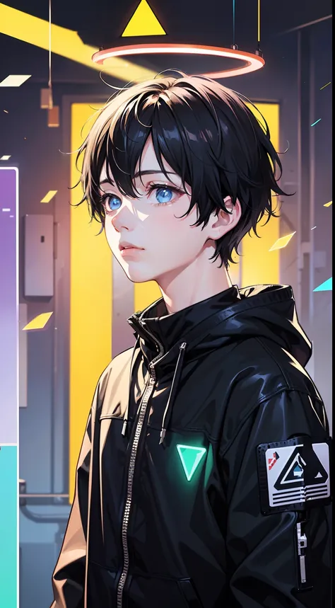 ((1boy)), (very short hair), bust chart, beautiful detailed eyes, (glitch background),(broken glass), (digital data flow pixel h...