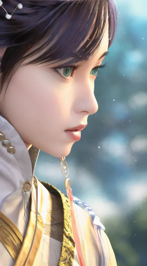 delicate and detailed masterpiece, highest quality, ultra-detailed CG unity 8k wallpaper of a beautiful girl with blue eyes, adorned in multicolored hair (1.3x for silver hair: red hair: purple hair: yellow hair: green hair), wearing white wuxia clothes an...