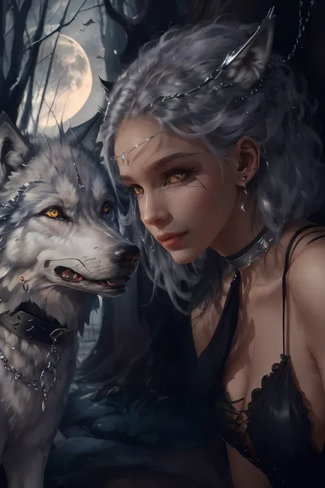 (absurdres, highres, ultra detailed), 1 male, adult, handsome, tall,, finely detailed eyes and detailed face, black leather pants, no shirt, open chest, night, smile, dutch angle, long white hair, (((wolf ears))), earrings in wolf ears, wolf white tail, mo...