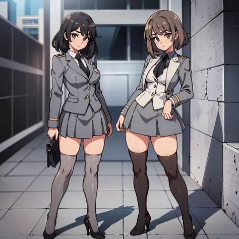 an anime style picture of the girls in the short skirts and white thigh high socks and high heels, +10girls, identical sisters, ...