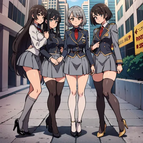 an anime style picture of the girls in the short skirts and white thigh high socks and high heels, +10girls, identical sisters, ...