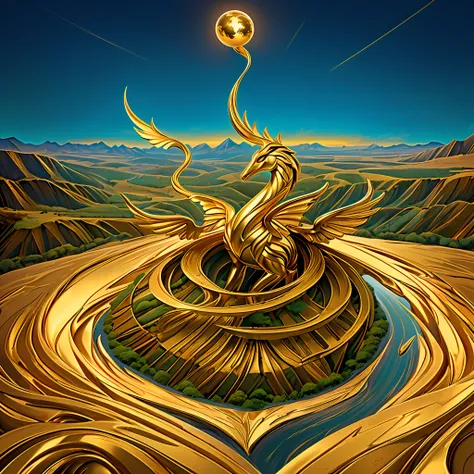 In this innovative and surreal illustration, a golden world unfolds before the viewers eyes. The landscapes exhibit an intense golden glow, with sparkling mountains and rivers of liquid gold. Mythical creatures adorned with exotic jewels soar through the s...