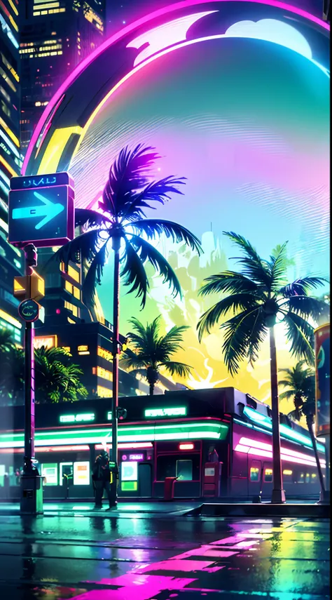 (masterpiece, detailed, high resolution:1.4), retrowave moon, train, open wet road, transformer, cyberpunk, cyberpunk 2077, cyberpunk night city neon background, sea, beach, palm trees, green-blue glitch effect, violet-pink neon glow, fluorescent yellow, l...